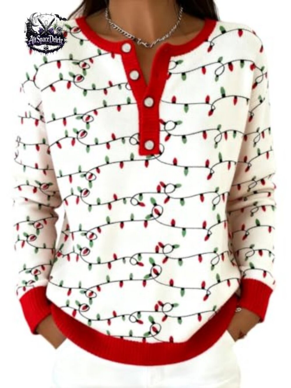 Christmas Henley V-Neck Knit Sweater Button Placket Long Sleeve Holiday